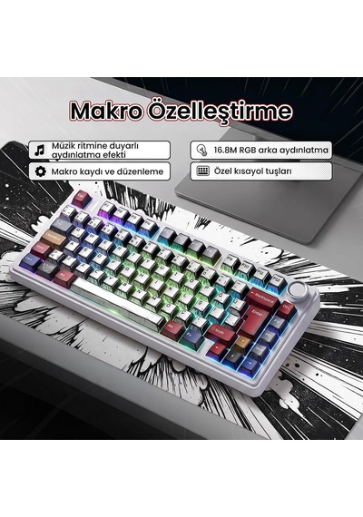 F75 Mekanik Rgb Tkl Graywood V4 Switch Kablosuz Makrolu Hot Swap Türkçe Q Klavye Comic