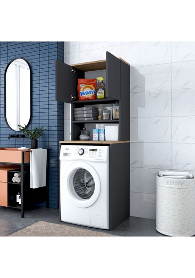 Rani Kd101 Çamaşır Makinesi Dolabı 3 Raflı Kapaklı Banyo Dolabı Antrasit - Sepet Ceviz Rani Kd101 Çamaşır Makinesi Dolabı 3 Raflı Kapaklı Banyo Dolabı Antrasit - Sepet Ceviz