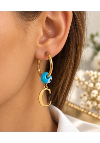 Cm Jewelry C Harfi Nazar Boncuklu 316l Çelik Halka Küpe Altın