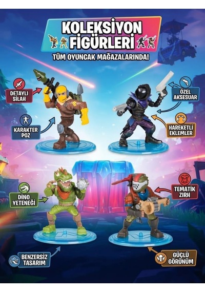 Fort-nite Battle Royal Yüksek Detaylı Haraketli Eklemli Ve Ekipmanlı 5 Cm 4'lü Oyuncak Figür Seti
