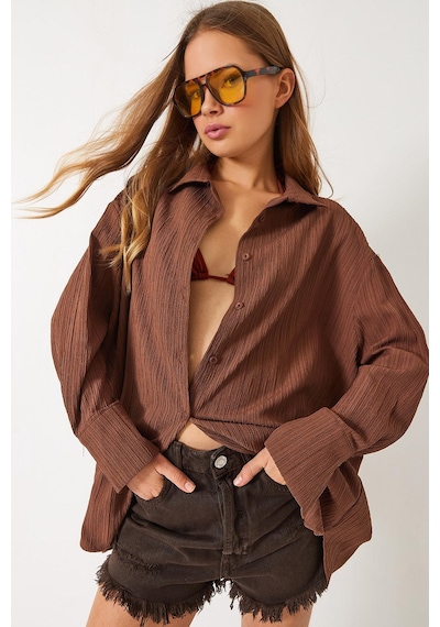 Shade Kadın Düşük Omuz Oversize Basic Bürümcük Gömlek 60392 60271069 - Kahverengi