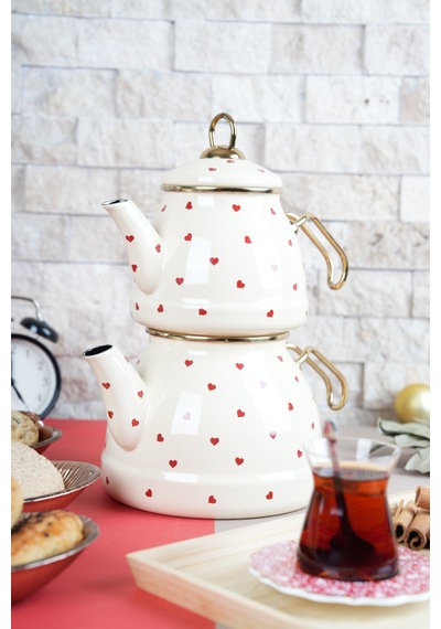Lady Chef Kalp Desenli Emaye Çaydanlık Takımı