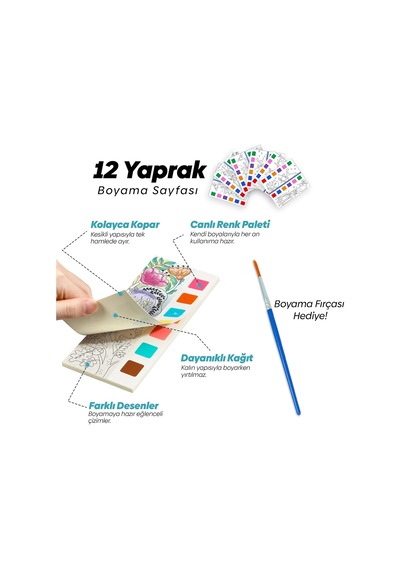 Animokids Renk Paletli Sulu Boya Kitabı + Fırça, 12 Sayfa Boyama Kitabı, Aktivite Boyama Seti, Çocuklar İçin Yeni