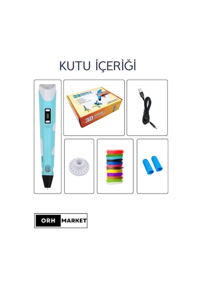 Mavi 3D Kalem 3D Pen Yazıcı Kalem – 10 Adet 5 Metrelik PLA Filament (Toplam 50M) + USB Kablo