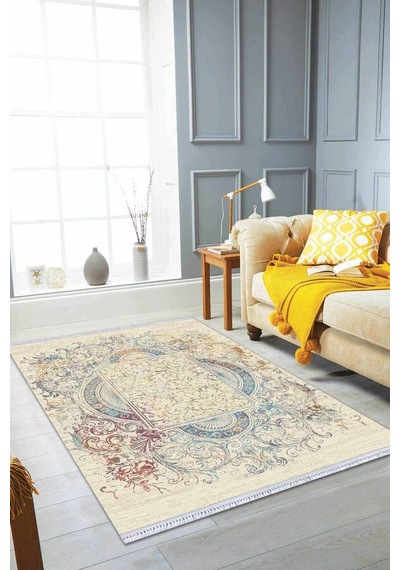 Krem Vintage Dokuma Pamuk Tabanlı Kaymaz Kilim Klm333n11