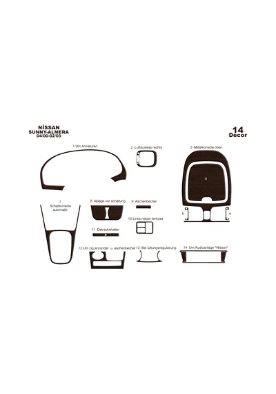 Nissan Sunny Almera Torpido Kaplama 2000-2003 14 Parça Koyu Meşe