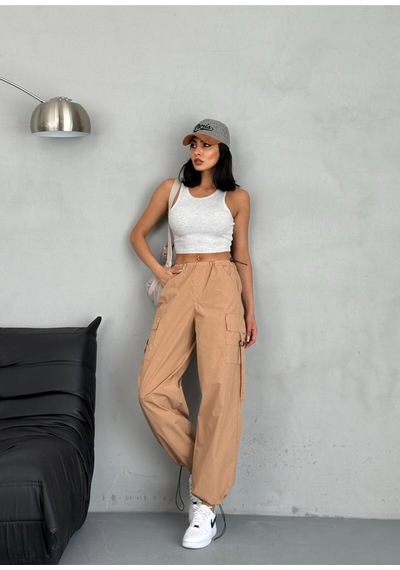 Paraşüt Kumaş Kargo Cepli Pantolon Kahverengi+camel