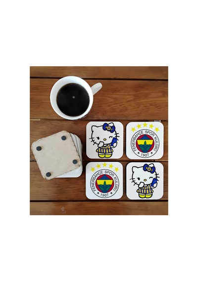 Fenerbahçe Hello Kitty Dekoratif Ahşap Bardak Altlığı Seti 022 Çok Renkli