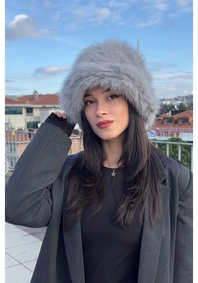 Mollycrush Suni Kürk Bucket Kalpak Şapka Peluş Kışlık Luxury Gri Kadın Şapkası Gri
