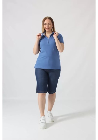Moda Berray 21305 Kısa Kollu Büyük Beden Lacoste Kumas T-shirt İndigo İndigo