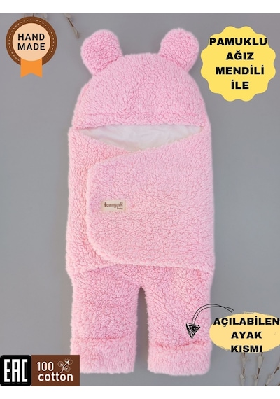 Bebek Dış Kundak Battaniyesi Welsoft Ekstra Uzun Kışlık Peluş Ayakları Açılabilen Uyku Tulumu 0-12ay Pembe