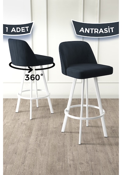 Canisa Atex Serisi 1 Adet Antrasit Sandalye 360 C Döner Bar Sandalyesi Beyaz Metal Ayaklı Antrasit Sandalye Beyaz Ayak