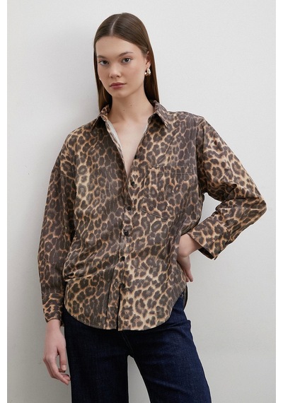 Never More Leopar Desenli V Yaka Gömlek Kahve Kahve