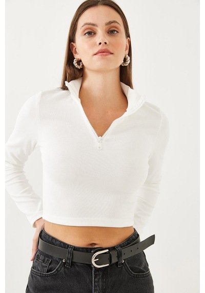 Shade Kadın Balıkçı Yaka Yarım Fermuarlı Fitilli Crop Bluz 60351019 - Beyaz
