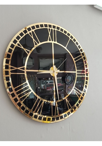 Ayna Denizi Golden Roma Model Altın Siyah Renk 50 Cm Dekoratif Aynalı Duvar Saati Siyah