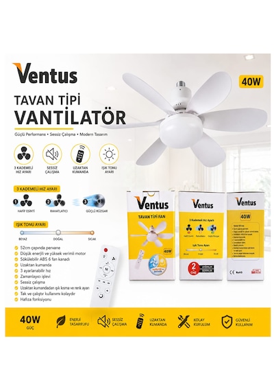 Ventus Sessiz Çalışma 6 Kanat Ve Işıklı Uzaktan Kumandalı Tavan Tipi Vantilatör-tavan Fanı 40w