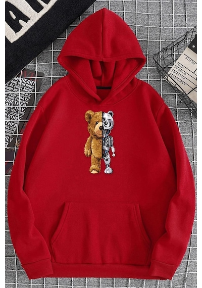 Uyguntarz Unisex Boys Bear Baskılı Sweatshirt Kırmızı