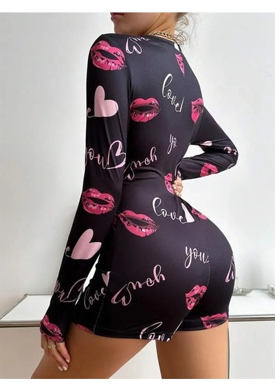 Go İthalat Kadın Şık Tasarım Pamuklu Kırmızı Öpücük Ve Desenli Düğmeli Uzun Kol Tulum Pijama Siyah