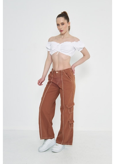 Kutaf Camel Kargo Cepli Dikiş Detaylı Yüksek Bel Wide Leg Pantolon Kahverengi