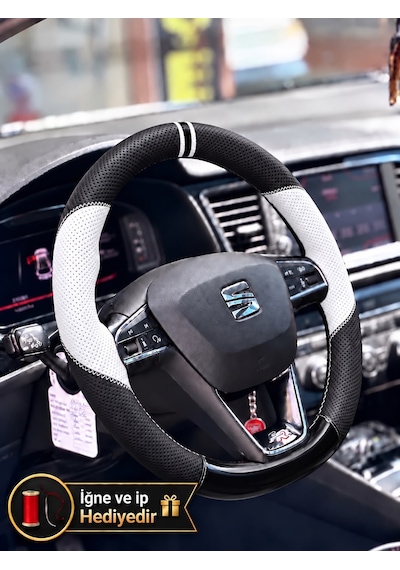 Seat Ateca Dikme Direksiyon Kılıfı Delikli Deri Parlak Siyah Beyaz Detay Çift Yüzük Ve Dikiş2016-2020