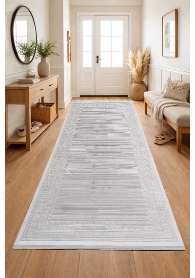 Parlak Saten Dokulu Poem Bambu Tuşe Klasik Çerçeve Desenli Halı Pm10 Beyaz Krem