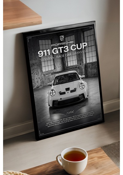 Porsche 911 Gt3 Cup Siyah Ahşap Çerçeveli Poster, Dekoratif Araba Duvar Tablosu