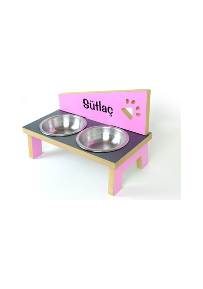 Ahşap, Çelik Kâseli, Özel Isimli Kedi-köpek Mama Ve Su Kabı Stantı- Pembe-antr.-pembe-2 350 Ml.