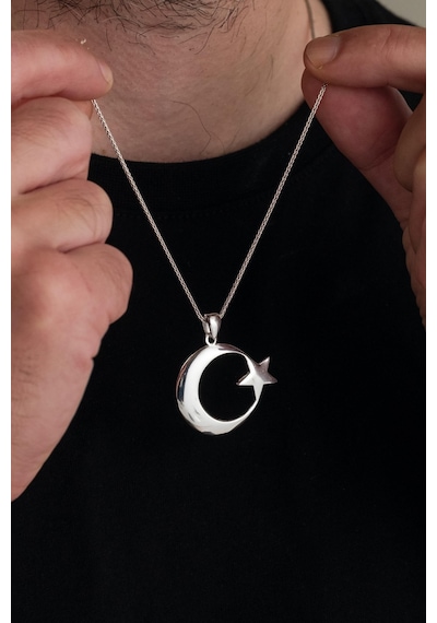 32 Mm Gümüş Ay Yıldız Bayrak Erkek Kolye Gümüş