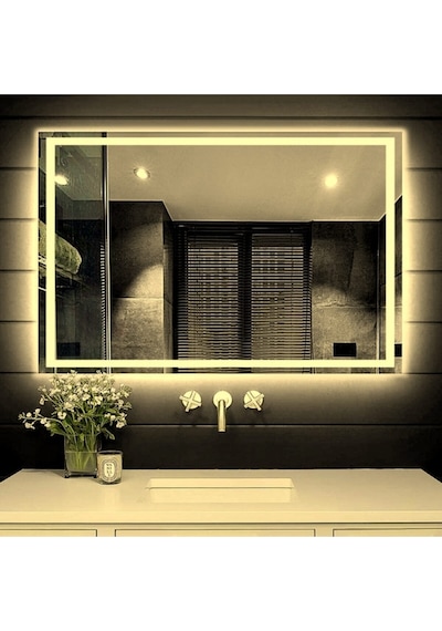 Nuun Dekor 80x60 Günışığı Ledli Kumlamalı Banyo Aynası Modern Dekoratif Ayna Trafolu Şeffaf