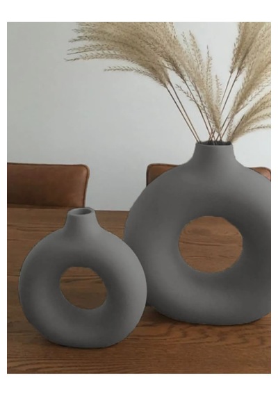 Halka Bohem Vazo 2'li Dekoratif Donut Vase Gri