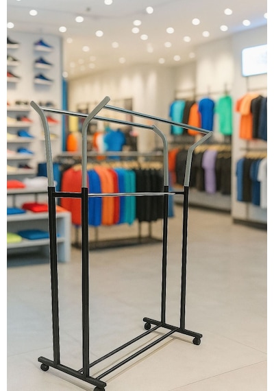 V Ayarlı 125 Cm En Çelik Konfeksiyon Elbise Askılık Tekerli Portatif Raf Home Hanger Siyah