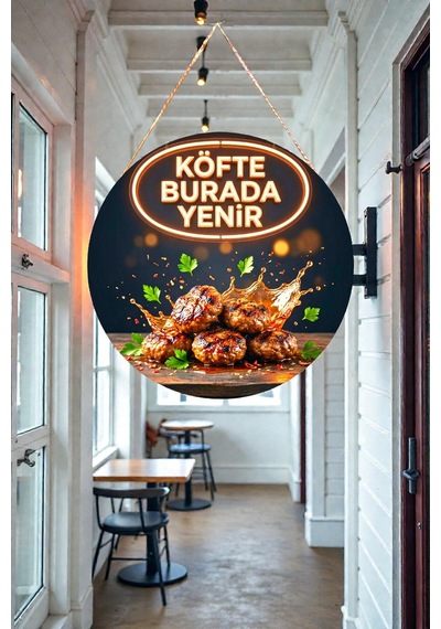 Köfte Burada Yenir Görselli İpli Ahşap Duvar Kapı Tablosu, Köfteci, Restoran, Cafe Süs Dekoru