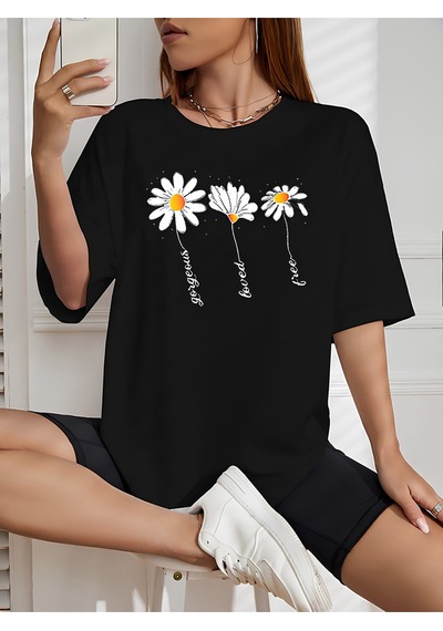 Papatyalar Baskılı T-shirt - Baskılı Oversize Bisiklet Yaka Kısa Kol Tişört Siyah Papatyalar Baskılı T-shirt - Baskılı Oversize Bisiklet Yaka Kısa Kol Tişört Siyah