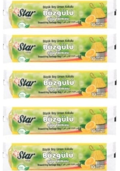 Büzgülü Çöp Torbası / Poşeti - Büyük Boy 65x70 - Limon Kokulu - 5 Rulo 50' Li