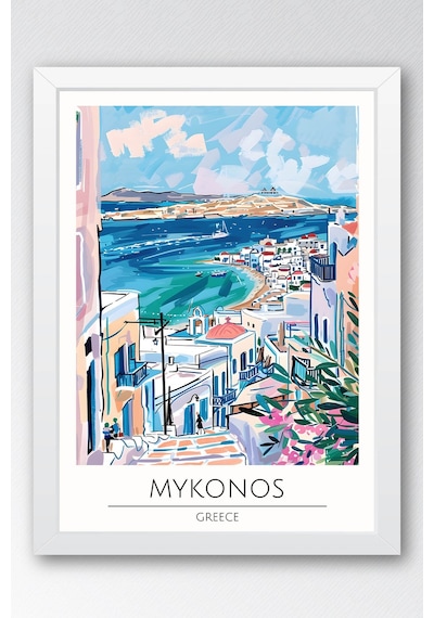 Yunanistan Mykonos Temalı Çerçeveli Tablo Travel Serisi Modern İllüstrasyon Ada Duvar Dekoru Beyaz