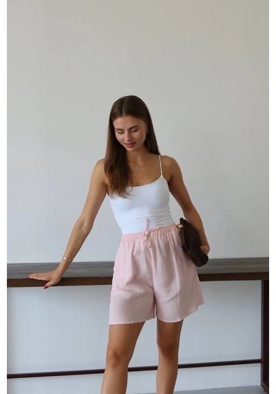 Kazax Müslin Kumaş Şort Bağcıklı Pembe Pt Pembe