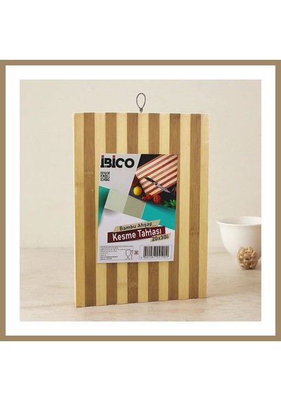 Bezos Bambu Kesme Tahtası 20x30x1.3 Cm - Beyaz Çizgili Metal Kulplu 22