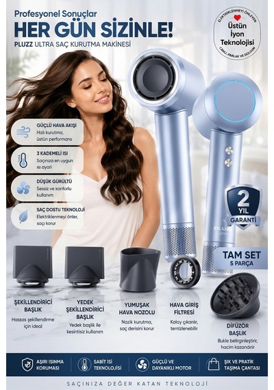 Pluzz X116 Ultra İyonlu Saç Kurutma Makinesi Ultra Sessiz Ve Hızlı Kurutma Mavi - 583112861