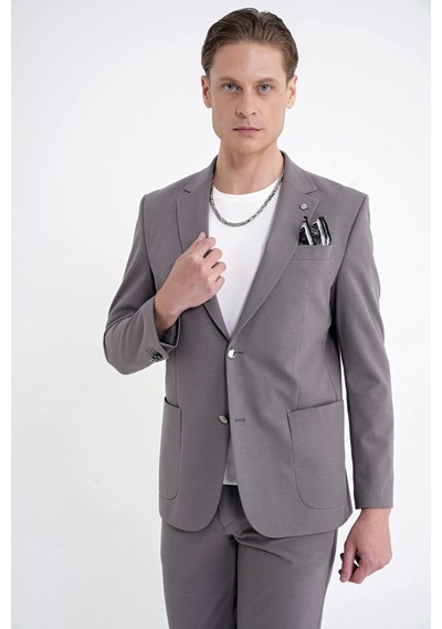 Comfort Fit Çift Yırtmaç Torba Cep Metal Düğmeli Vizon Blazer Ceket C 734