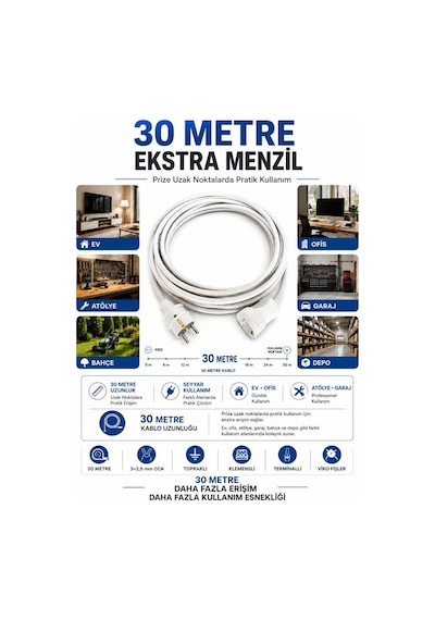 Viko Seyyar Uzatma Kablosu 30 Metre 3x2.5 Mm Cca Kablo Viko Erkek Dişi Fiş Klemensli Terminalli Topraklı Tse Ce Belgeli 30 M