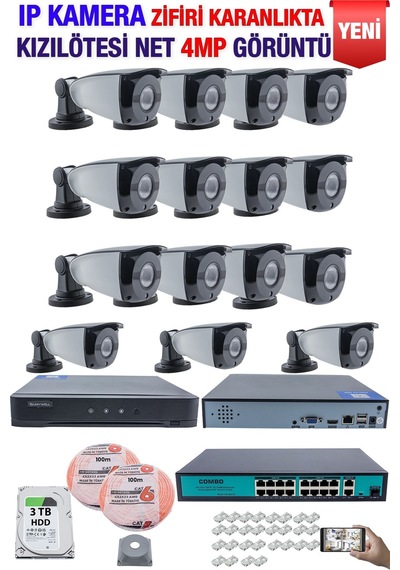 Ip Kamera Seti - 15 Ip Kamera - 16 Kanal Nvr - 16 Port Poe Switch, 3 Tb Disk, Gece Görüşlü Ir