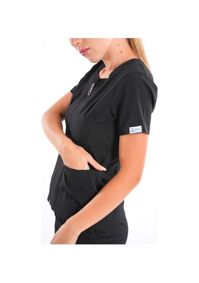 Siyah Renk Lily Model Fermuarlı Soft Likra Doktor, Hemşire Cerrahi Üniforma Takım Siyah Siyah