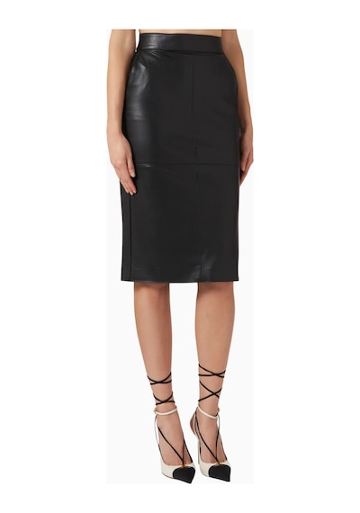 Elisabetta Franchi Deri Görünümlü, Korse Detaylı Fitted Pencil Midi Etek Siyah
