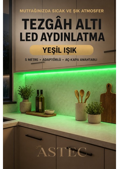 Astec Mutfak Dolabı Tezgah Üstü İçin 5 Metre Yeşil Renk 12v Adaptörlü Aç Kapa Anahtarlı Şerit Led Işık