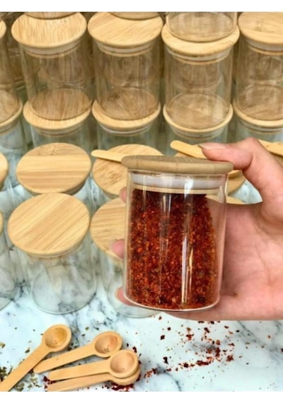 Bambu Kapaklı Cam Baharatlık Ve Kaşık Seti 6 Adet Ahşap Kaşıklı Şeffaf