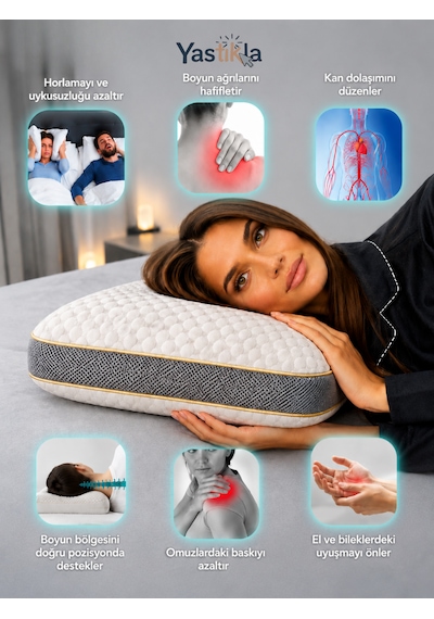 Nefes Alabilen 3d Kumaşlı Boyun Destekli Ortopedik Hafızalı Visco Sabun Yastık 60x40x14 Cm Beyaz - Antrasit