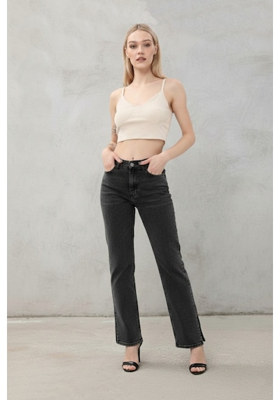 Kene Jeans Paça Yan Yırtmaç Füme Boyfriend Bol Paça Pantolon Füme