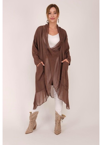 Bohem Stil Italyan Ipek Detaylı Oversize Kaftan & Bluz-8711 Kahverengi
