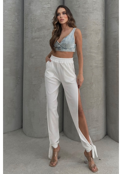 Lesa Wear Yumuşacık Yüksel Bel Likralı Yırtmaç Detaylı Jarse Pantolon Flared Beyaz