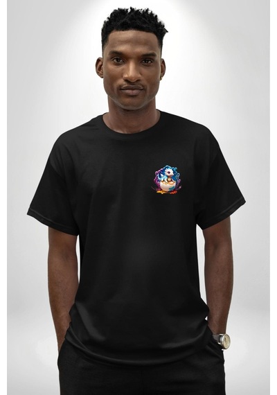 Sevimli Bebek Ejderha Elmas Yumurta Siyah Oversize Unisex Ön Sol Yan Minimal Baskılı Tişört Koyu Siyah